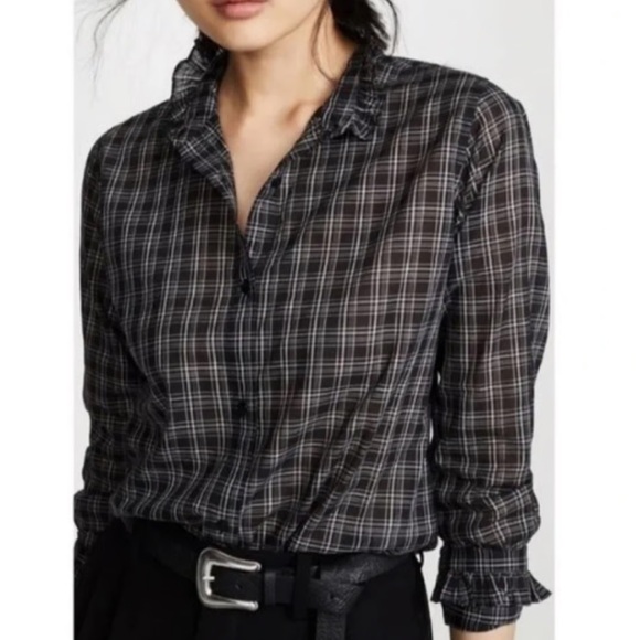 Nili Lotan Black Plaid Vivian Shirt Cotton Ruffle Collar Button Up | M - Picture 3 of 9